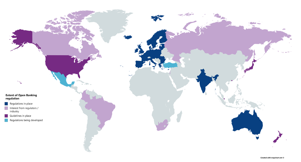 world map with colours to highlight the extent of open banking regulation